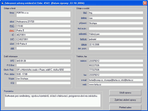 WinAlp - detail adresy/kontaktu